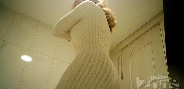  Beautiful blonde in toilet shaved pussy and anus closeups.